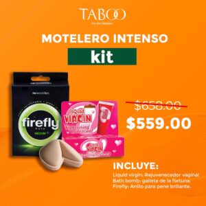 Kit Motelero Intenso - Rejuvenecedor vaginal, Galleta de la fortuna (Bath Bomb), Firefly Anillo para pene brillante